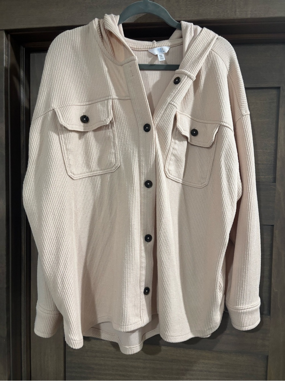 Time and Tru Light Beige Waffle-Knit Hooded Shacket